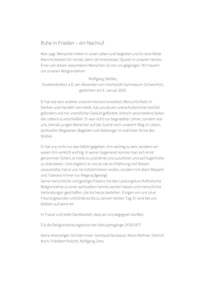 Nachruf StD a.D. Wolfgang Stettler